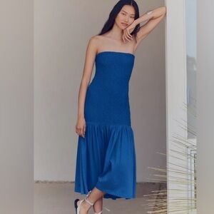 ANTHROPOLOGIE Celandine Strapless Popcorn Midi Dress Blue NWT